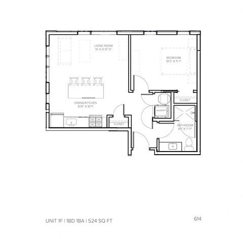 Floor plan for 1 bed, 1 bath, 524 sqft